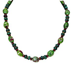 Green agate stone bead necklace with brown wood beads and small metal beads